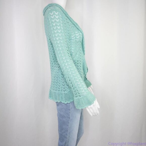 Pointelle green linen cotton blend cardigan sweater, size M - Picture 16 of 16